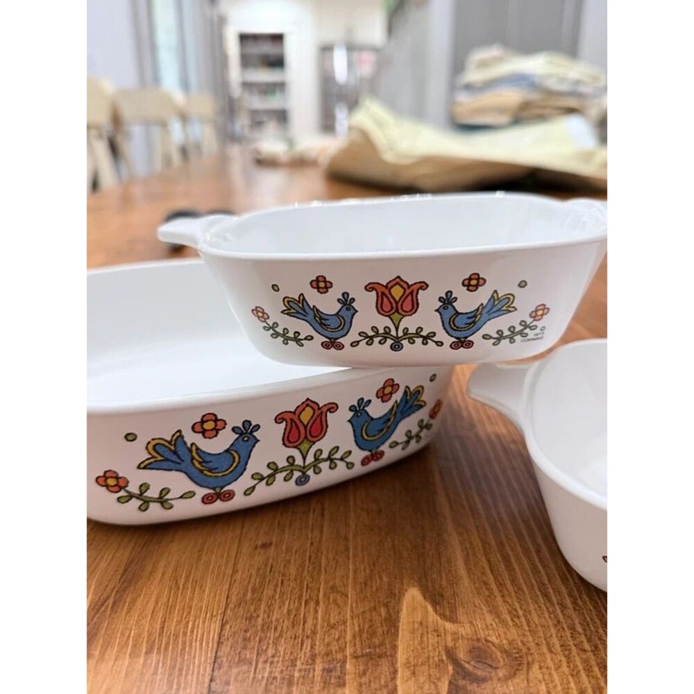 Vintage 1975 Corning Ware Country Festival Blue Bird Casserole Dishes – Set of 3